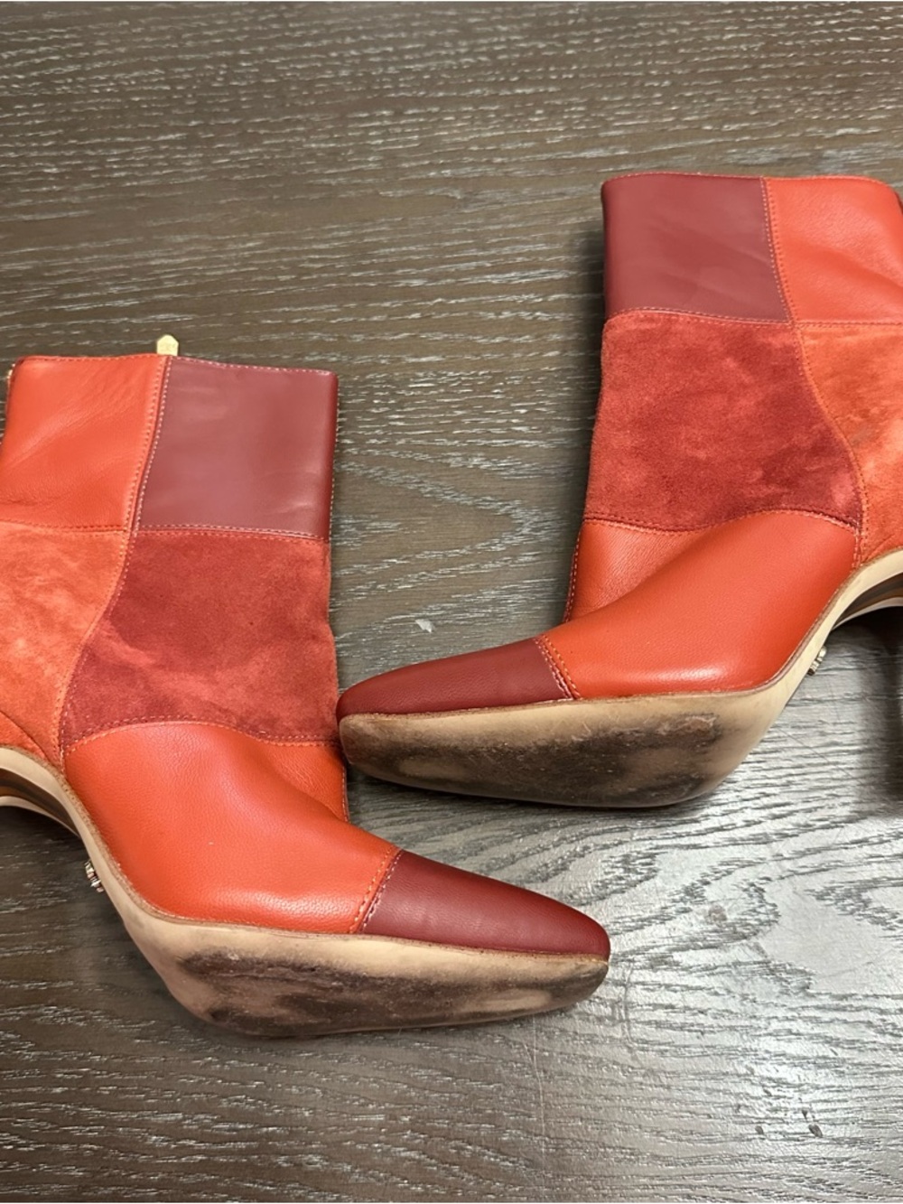 Sam Edelman Patchwork Rust & Brick Red Ankle Boots - Picture 3 of 4